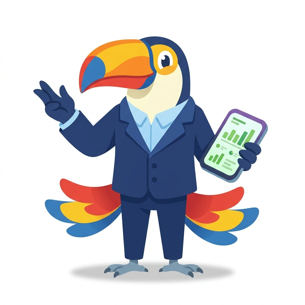 Ticker the Toucan, the guide who teaches the Digital Media Trading course