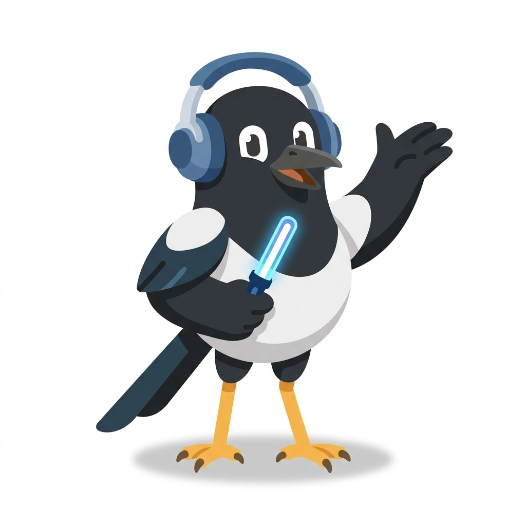 Mochi the Magpie, the guide who teaches the The Architecture of K-Pop course