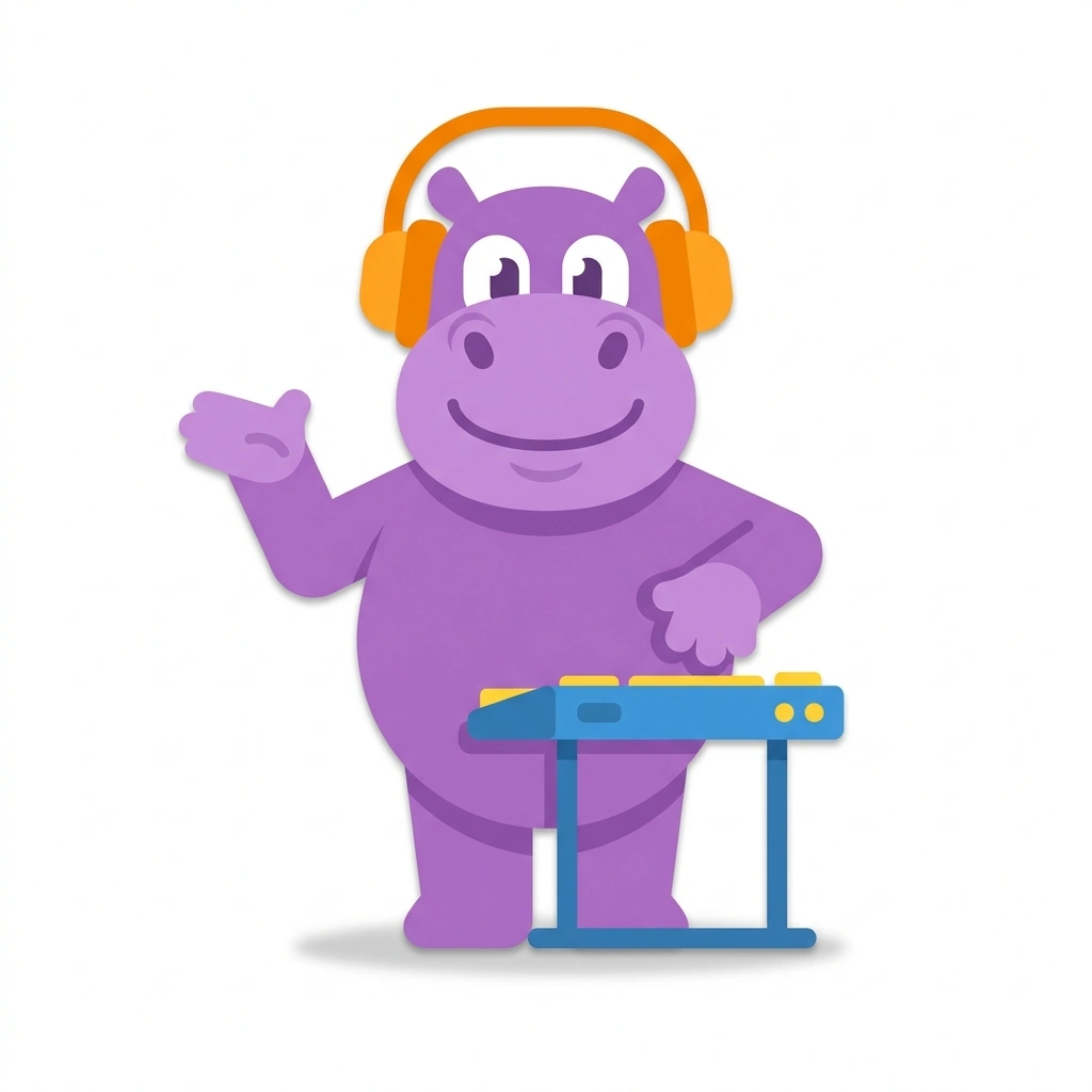 Harmony Hippo, the guide who teaches the Music Harmony: Building the Sound course
