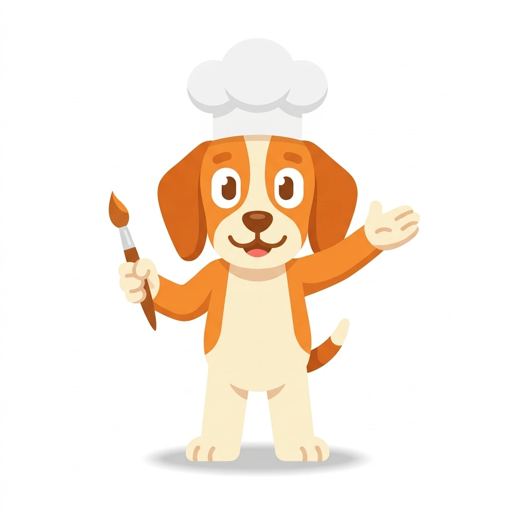 Pip the Pastry Pup, the guide who teaches the Hyper-Realistic Fruit Pastries course