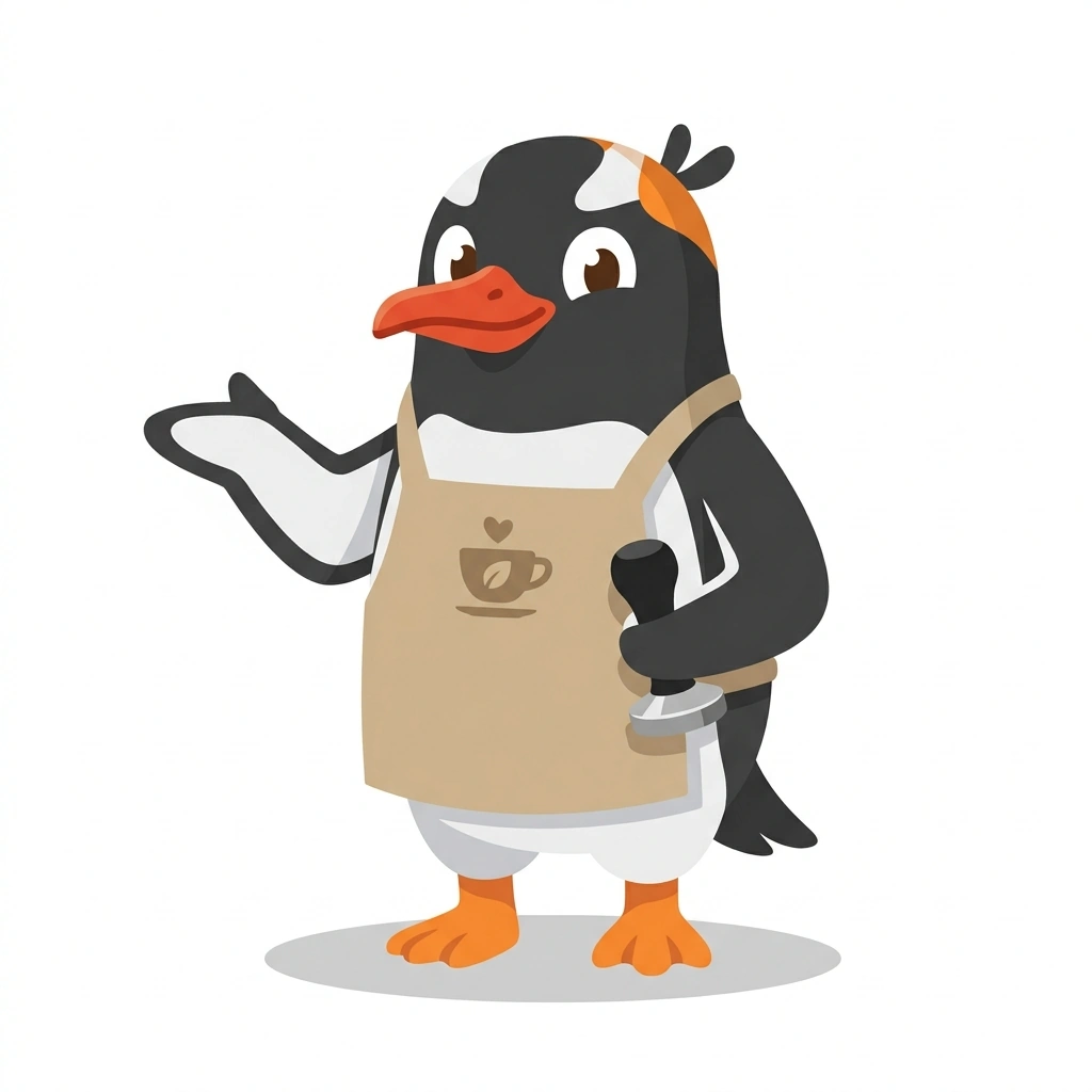 Pip the Penguin, the guide who teaches the Espresso: Craft and Technique course