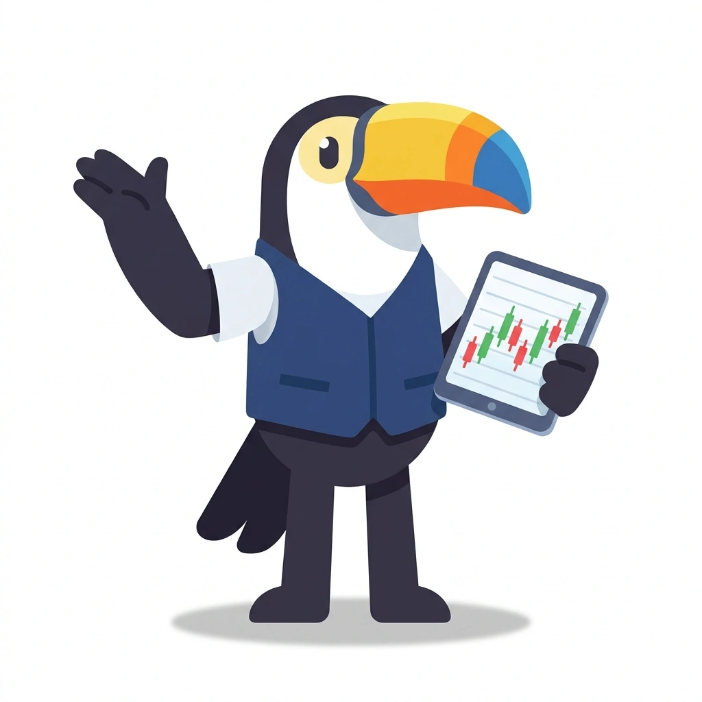 Ticker the Toucan, the guide who teaches the Digital Marketing for Trading course