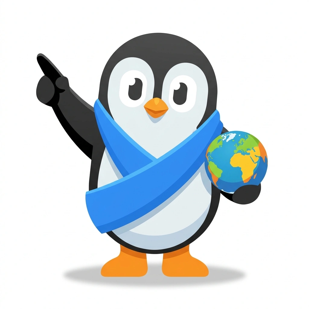 Pax the Penguin, the guide who teaches the Analyzing International Affairs course