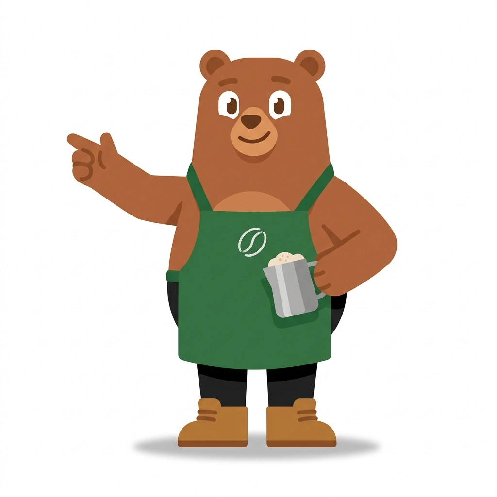Barnaby the Bear, the guide who teaches the Espresso and Milk: The Barista's Craft course