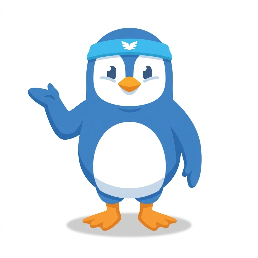 Pip the Penguin, the guide who teaches the Pilates Anatomy: The Body in Motion course