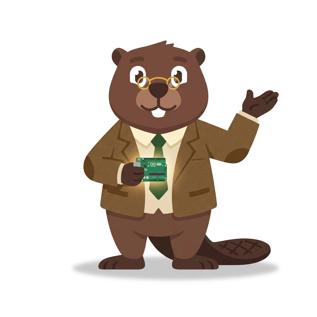 Barnaby the Bionic Beaver, the guide who teaches the Everyday Microcontrollers and Robotics course