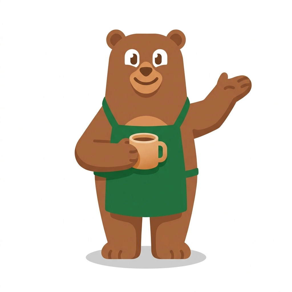 Brewster the Bear, the guide who teaches the Brewing Better Coffee course