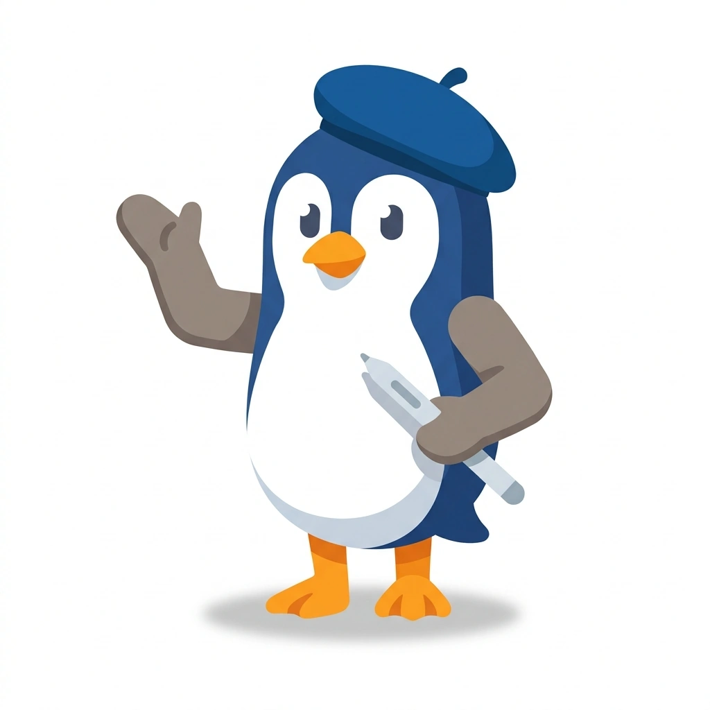 Pixel the Penguin, the guide who teaches the Visual Design for Modern Media course