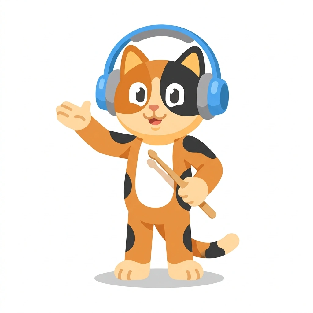 Cadence the Cat, the guide who teaches the Writing Music with Guitar and Drums course