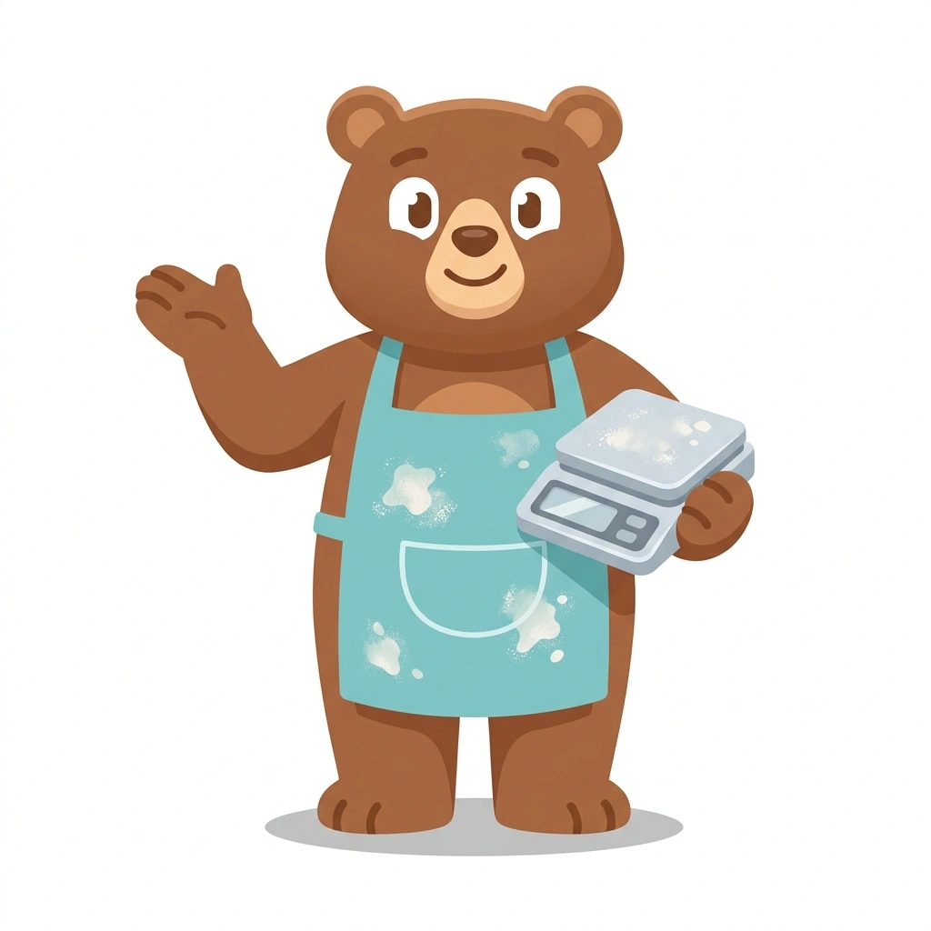 Baker Bernie the Bear, the guide who teaches the Kitchen Measurements: Cups vs. Grams course