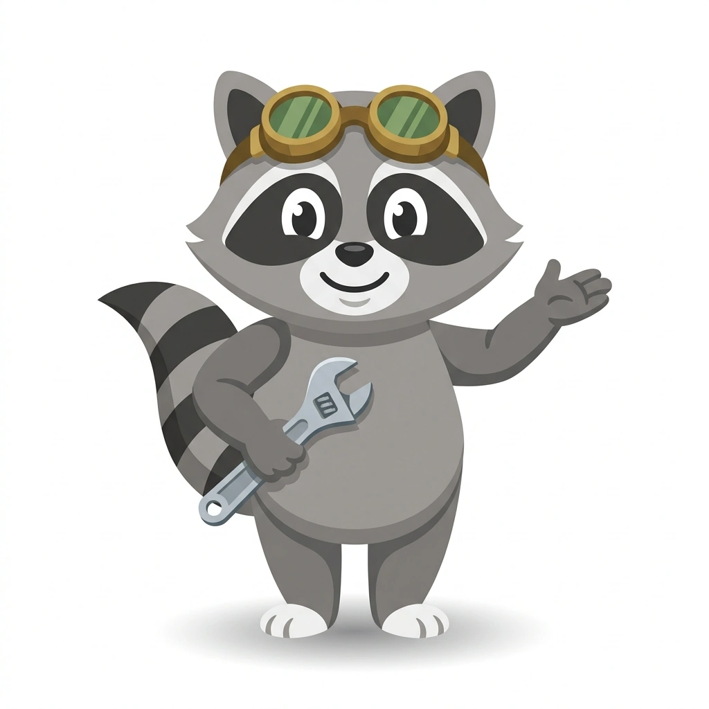 Rusty the Raccoon, the guide who teaches the How Everyday Mechanisms Work course