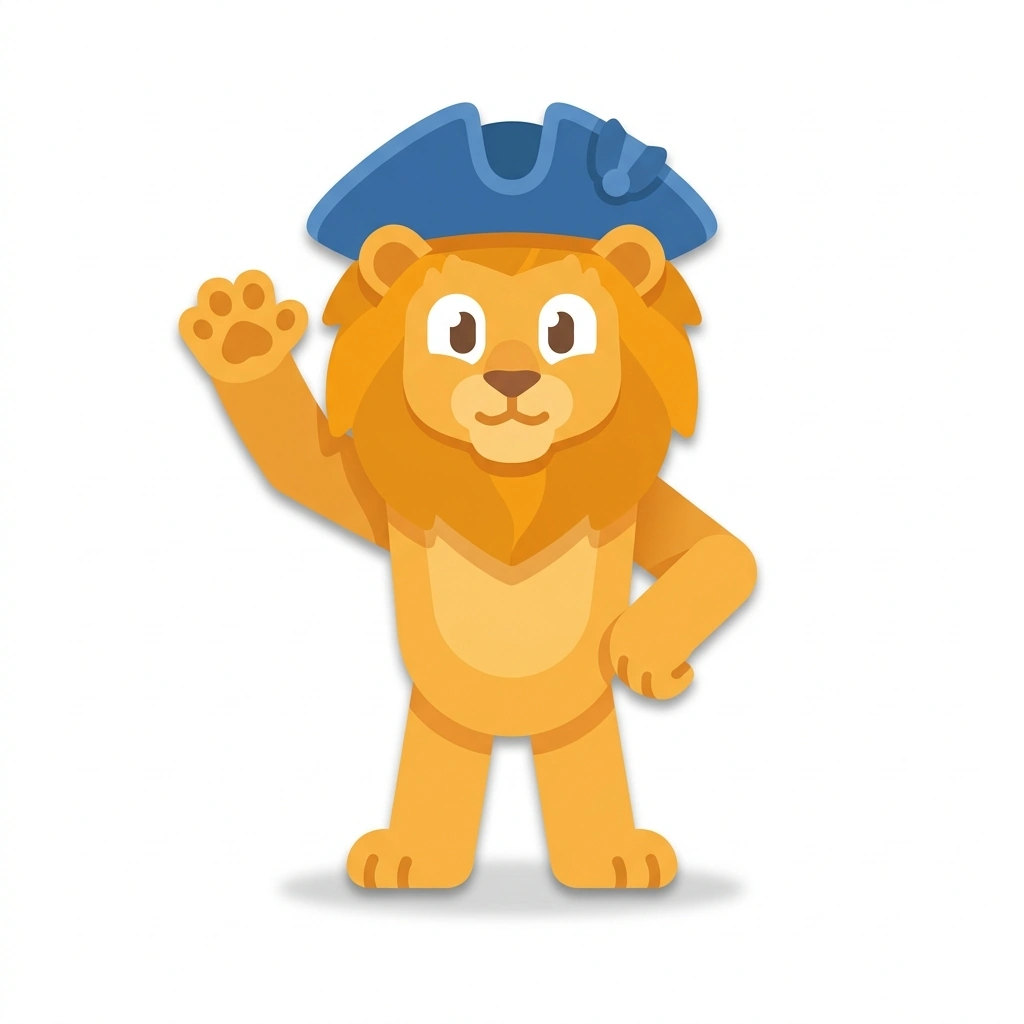 Liberty the Lion, the guide who teaches the The American Revolution course