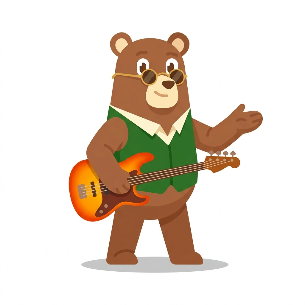 Boris the Bear, the guide who teaches the Electric Bass: Groove and Harmony course