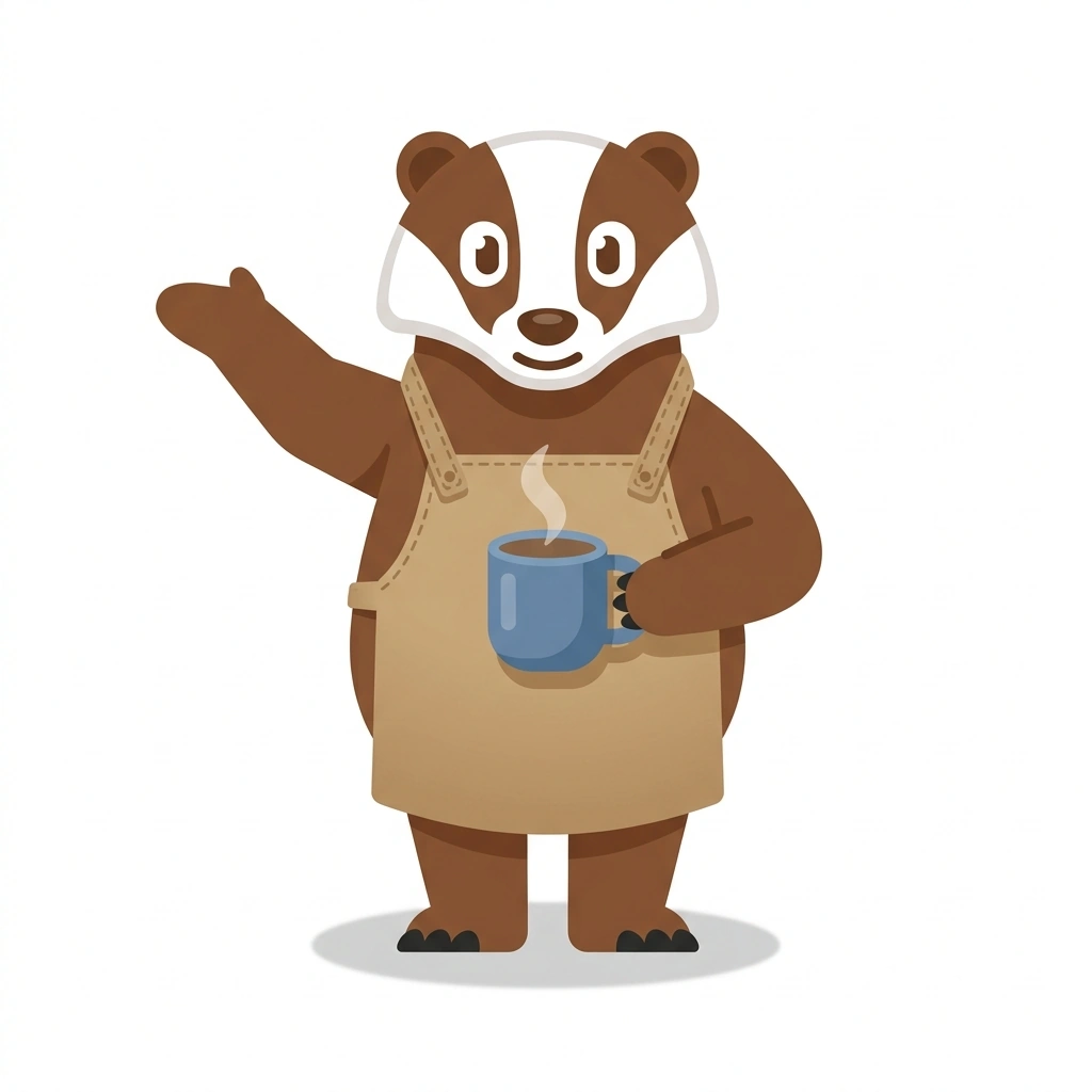 Brewster the Badger, the guide who teaches the Making Great Coffee course