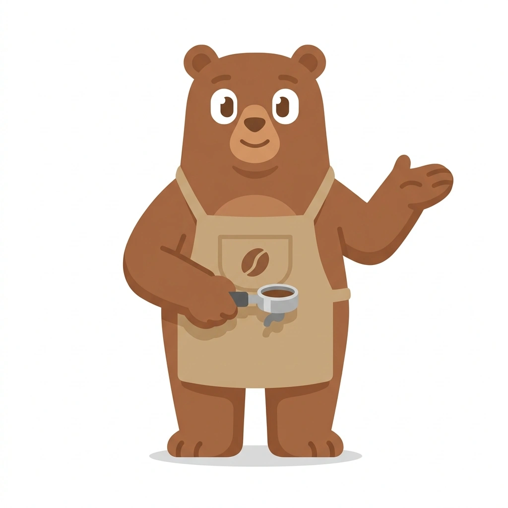 Bram the Bear, the guide who teaches the Coffee Extraction and Barista Craft course