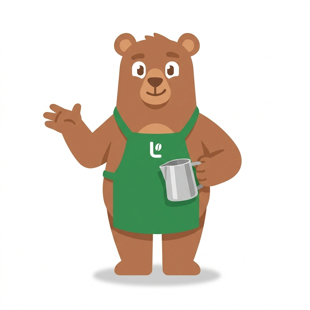 Barnaby the Bear, the guide who teaches the Latte Art for Home Coffee course