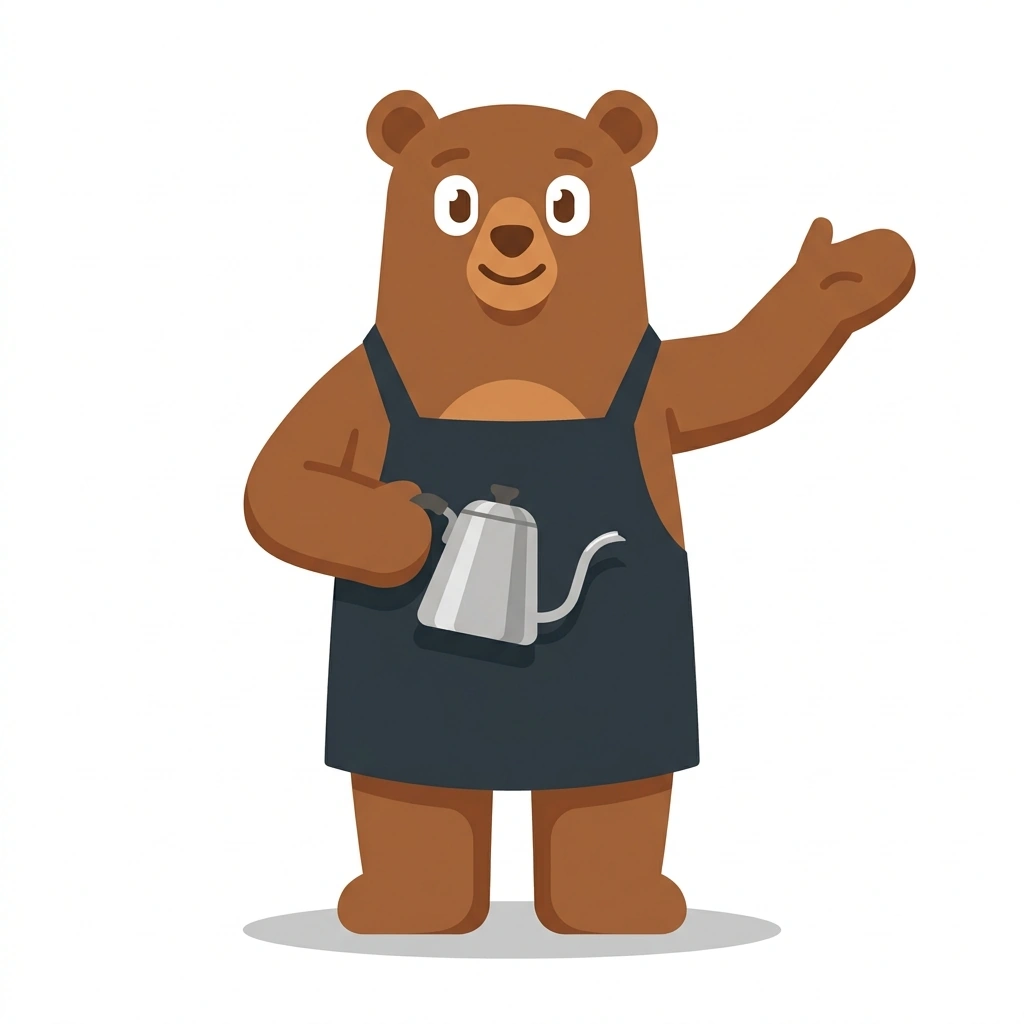 Bennie the Bear, the guide who teaches the Brewing Specialty Coffee course