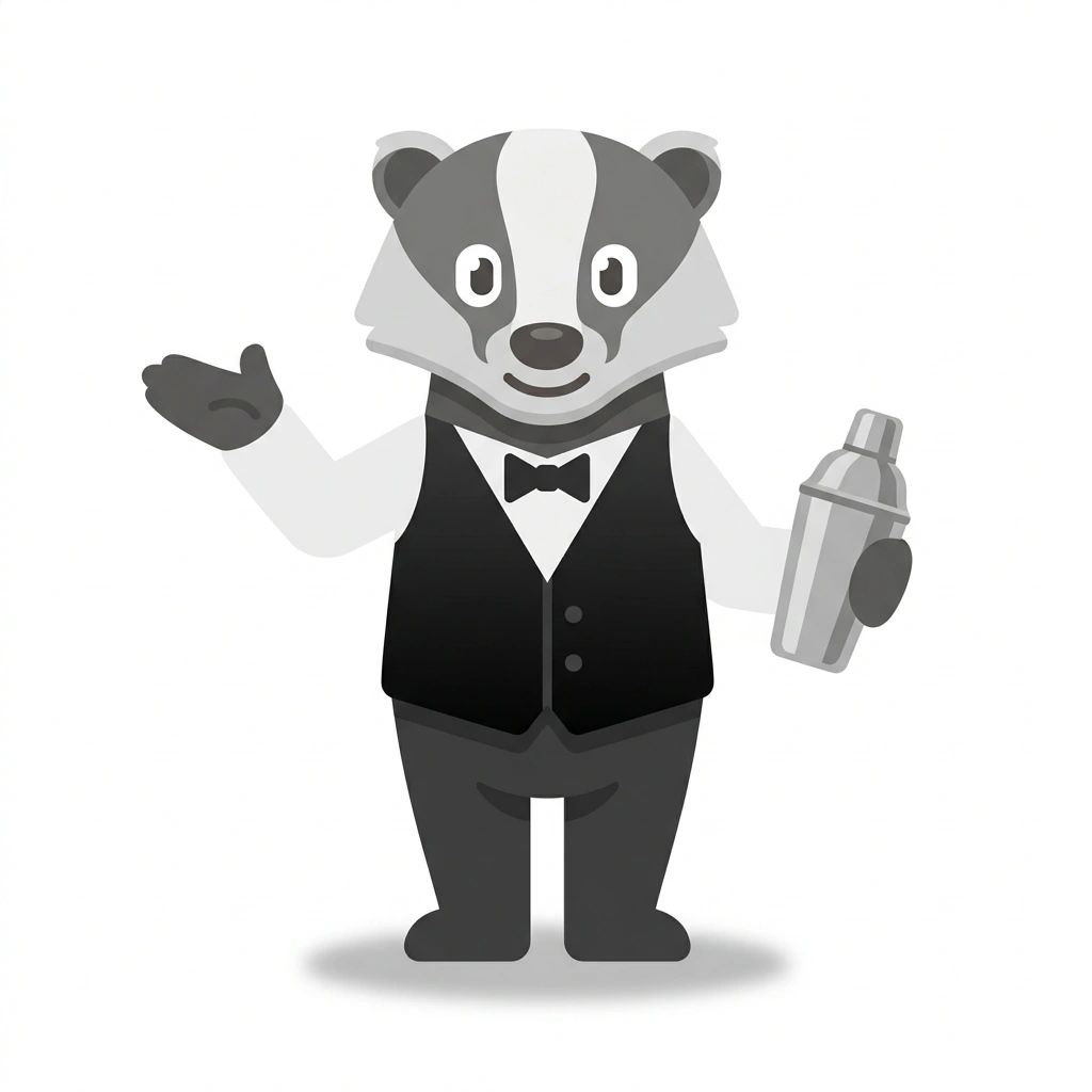 Barney the Badger, the guide who teaches the Bartending from Scratch course
