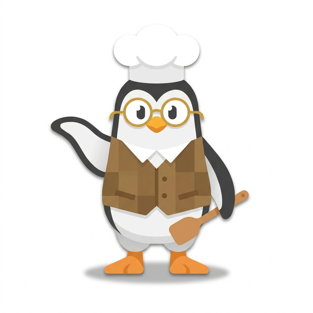 Professor Pierre the Penguin, the guide who teaches the Cooking Without Recipes course