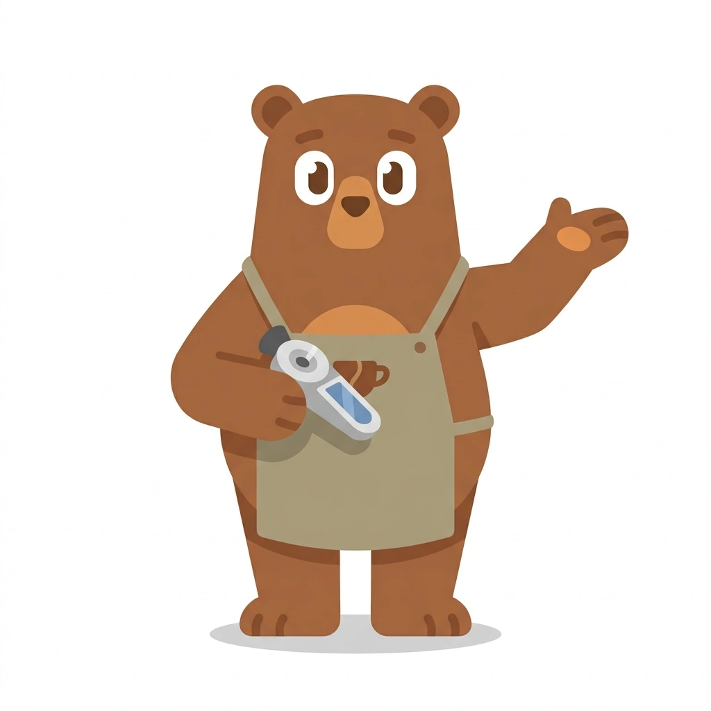 Brewster the Bear, the guide who teaches the Coffee Extraction, Chemistry, and Terroir course