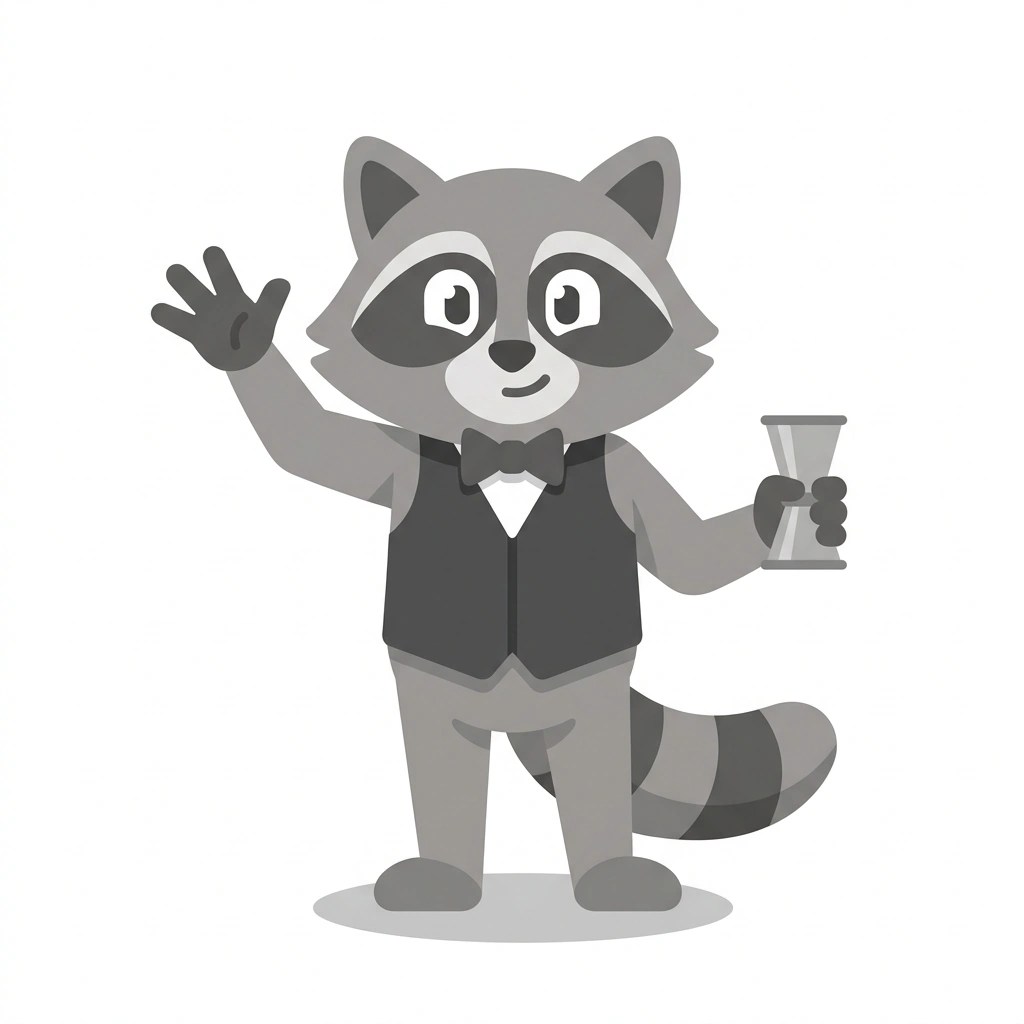 Remi the Raccoon, the guide who teaches the Modern Bartending Techniques course