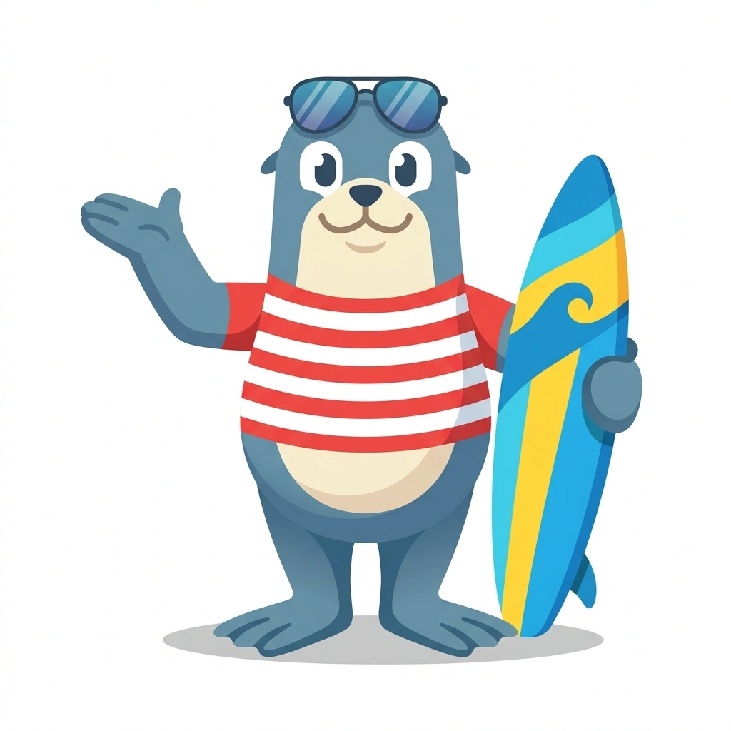 Salty Sam the Sea Lion, the guide who teaches the Advanced Surfing: The Physics of Flow course