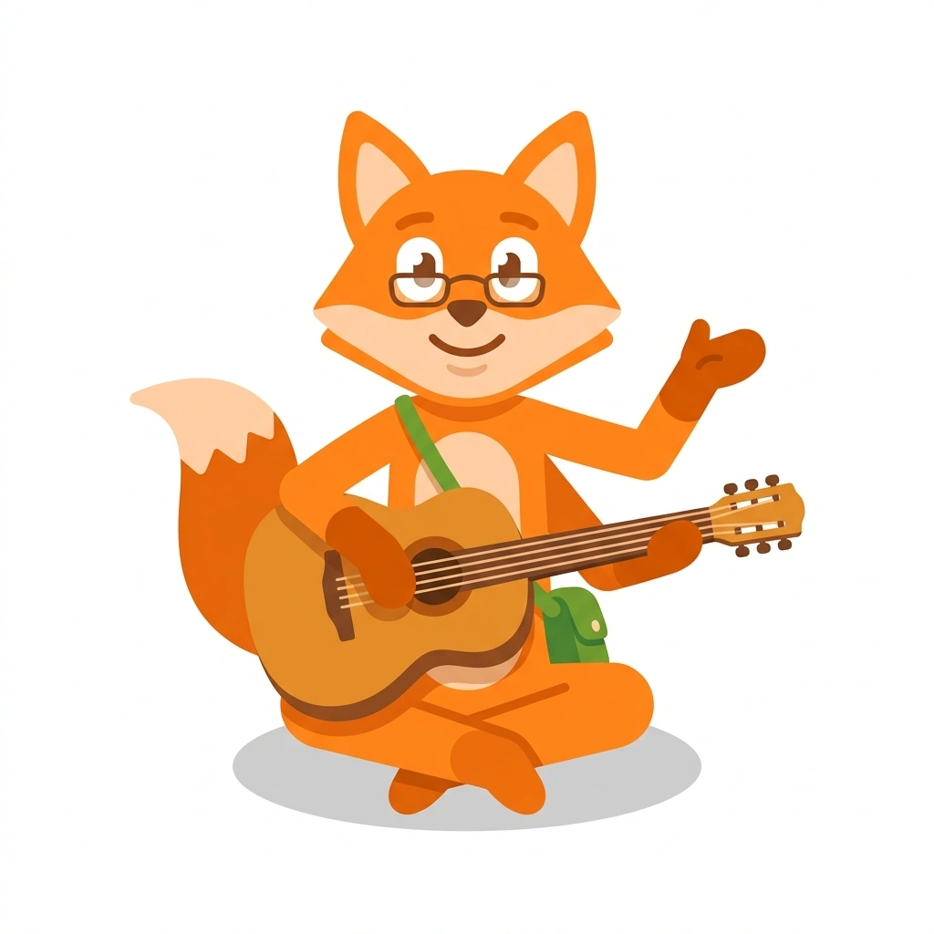 Fret the Fox, the guide who teaches the Playing Your First Guitar Chords course