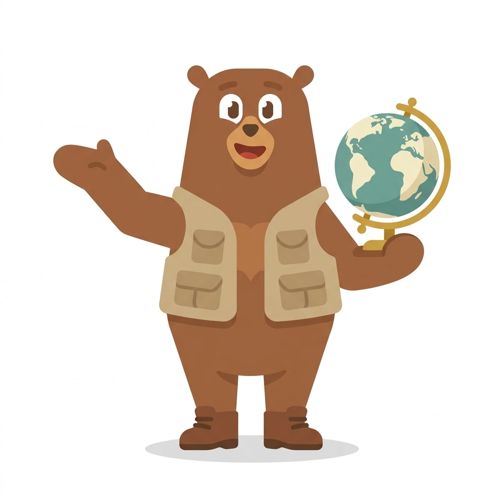 Barnaby the Bear, the guide who teaches the Everyday Geography and World History course