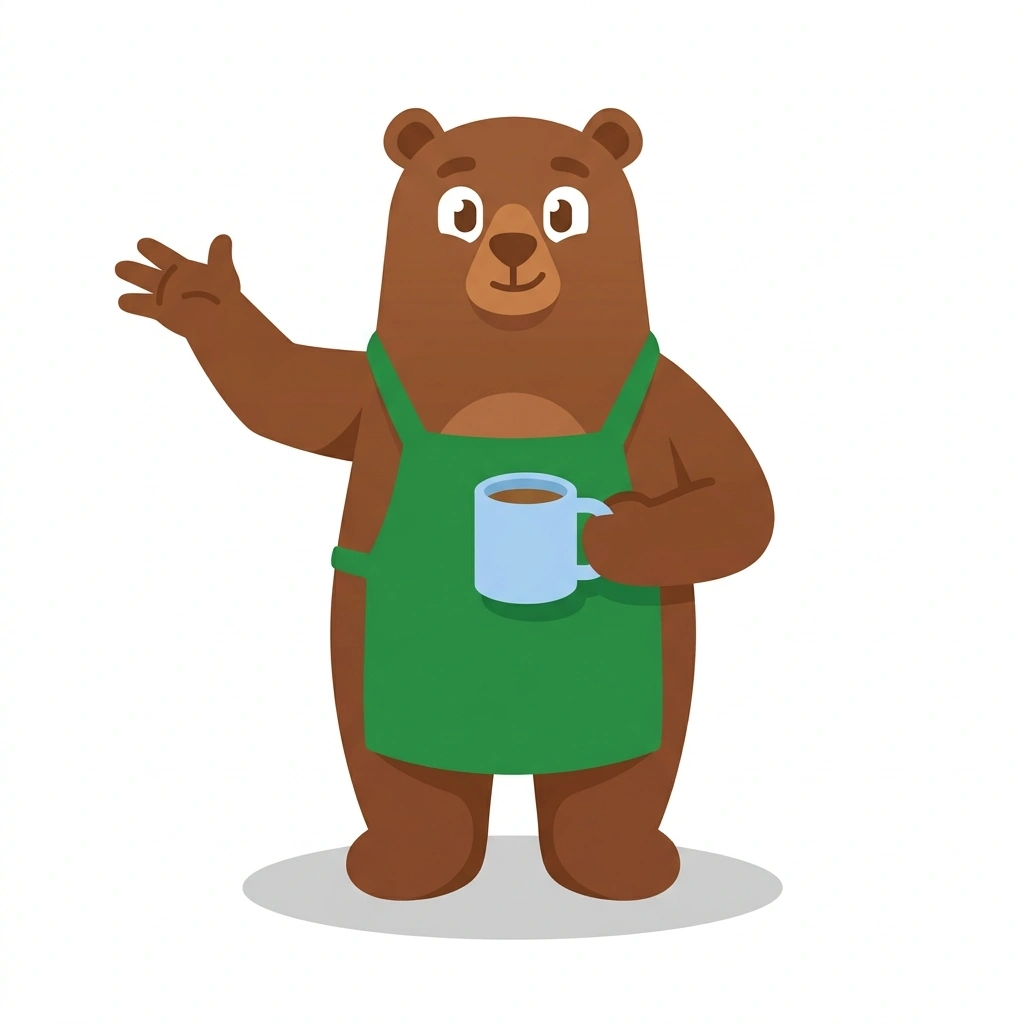 Brew-Brew the Bear, the guide who teaches the Better Coffee at Home course