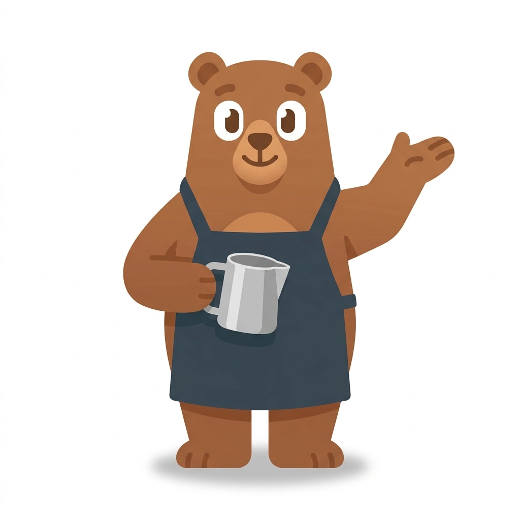 Barnaby the Bear, the guide who teaches the Espresso and Barista Craft course