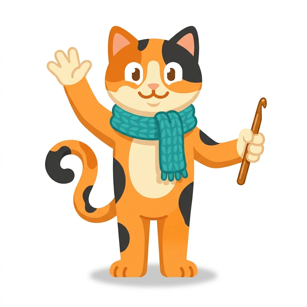 Cleo the Cat, the guide who teaches the Crochet Stitch by Stitch course