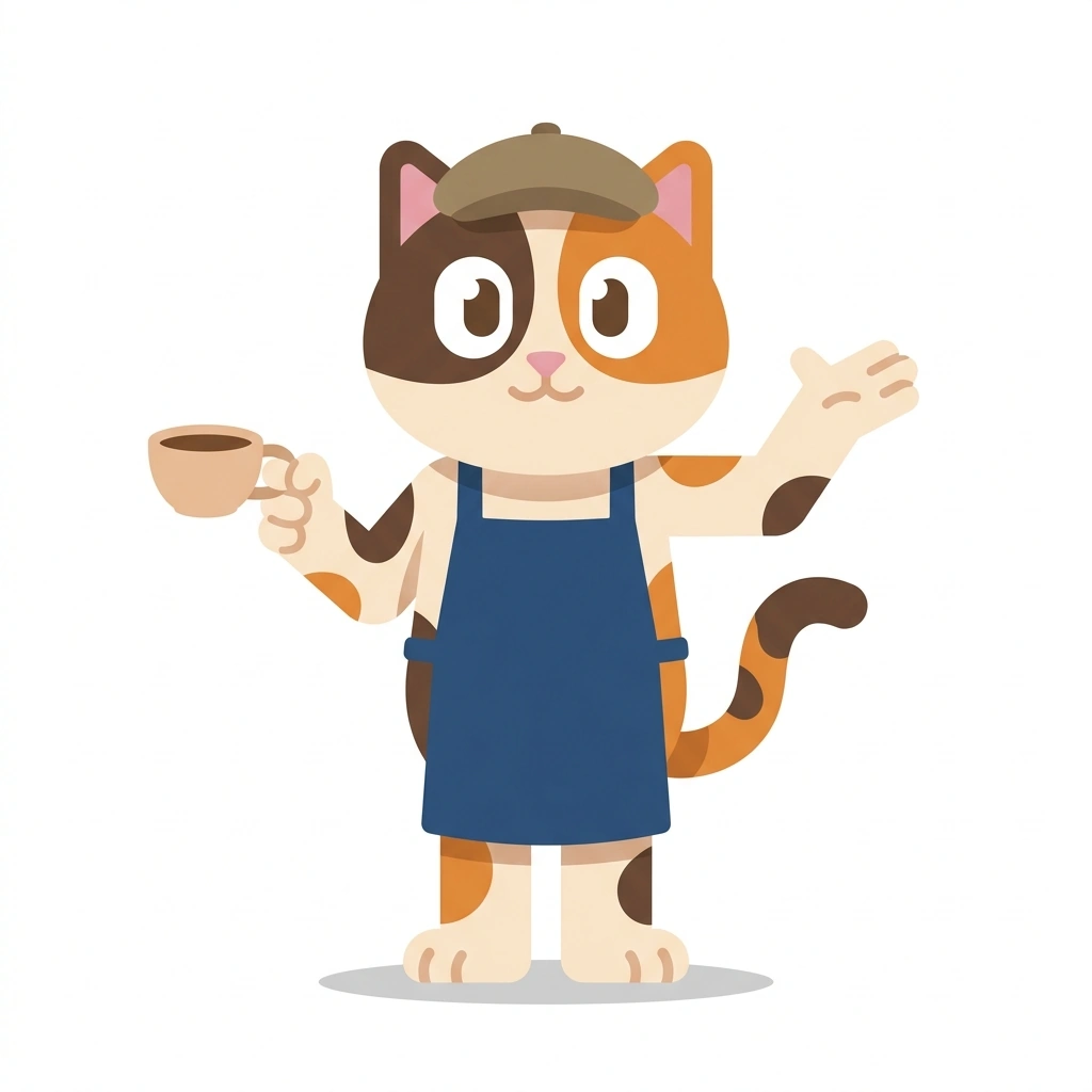 Crema the Cat, the guide who teaches the Coffee Culture and Café Fluency course