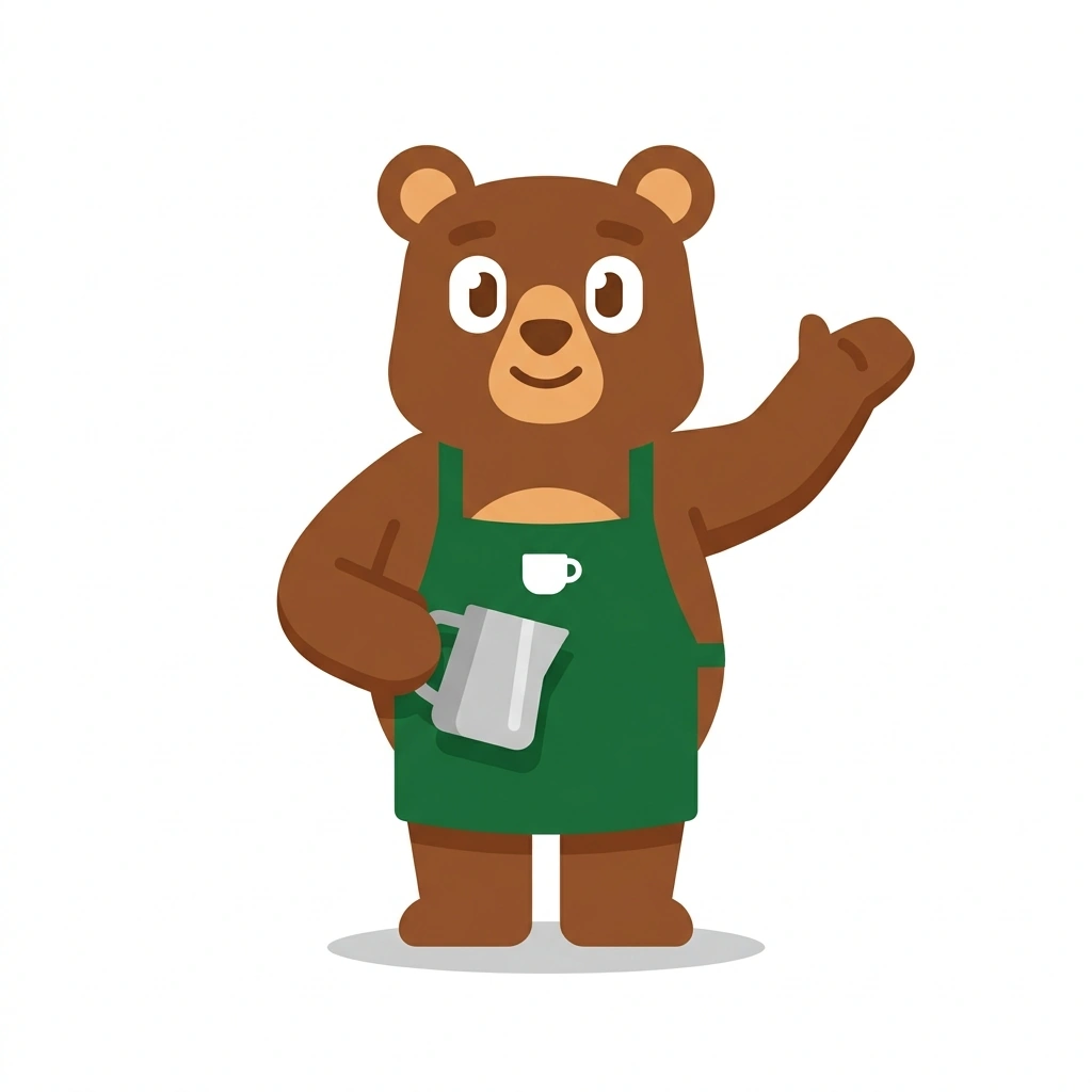 Bennie the Bear, the guide who teaches the Coffee, Lattes, and the Register course