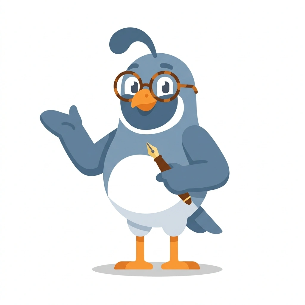 Penelope the Quail, the guide who teaches the Advanced English Syntax and Cadence course