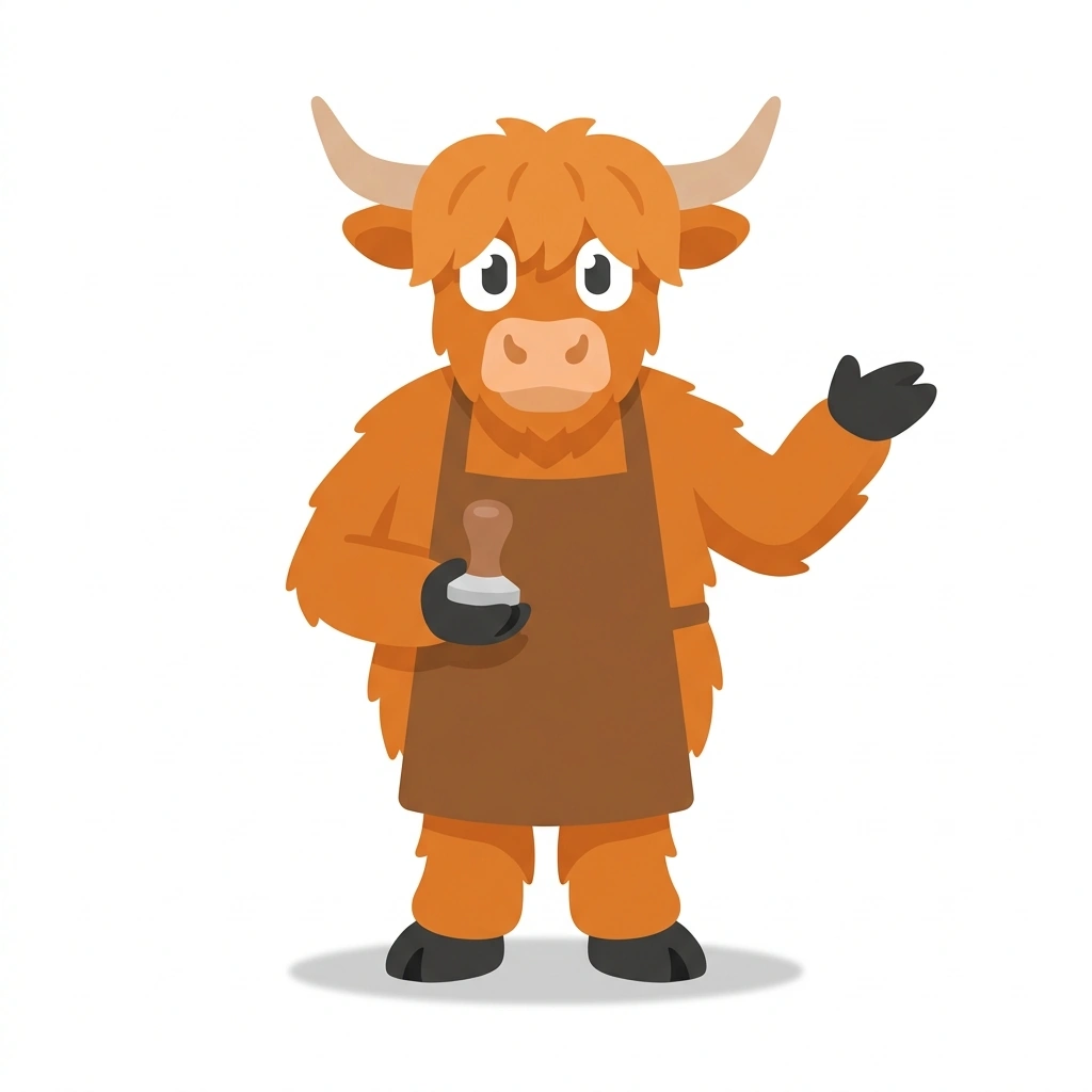Callum the Highland Cow, the guide who teaches the Launching an Independent Cafe course