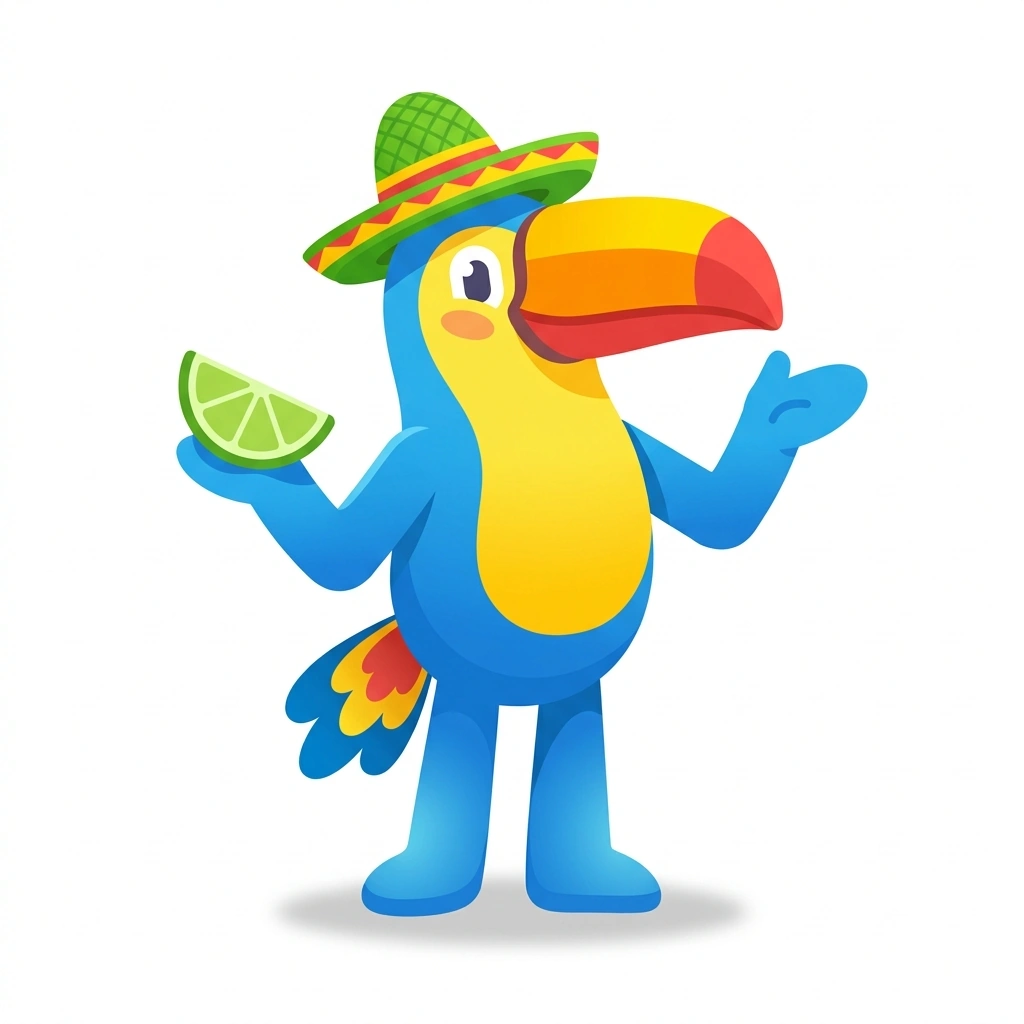 Taco the Toucan, the guide who teaches the Mexican Street Food Essentials course