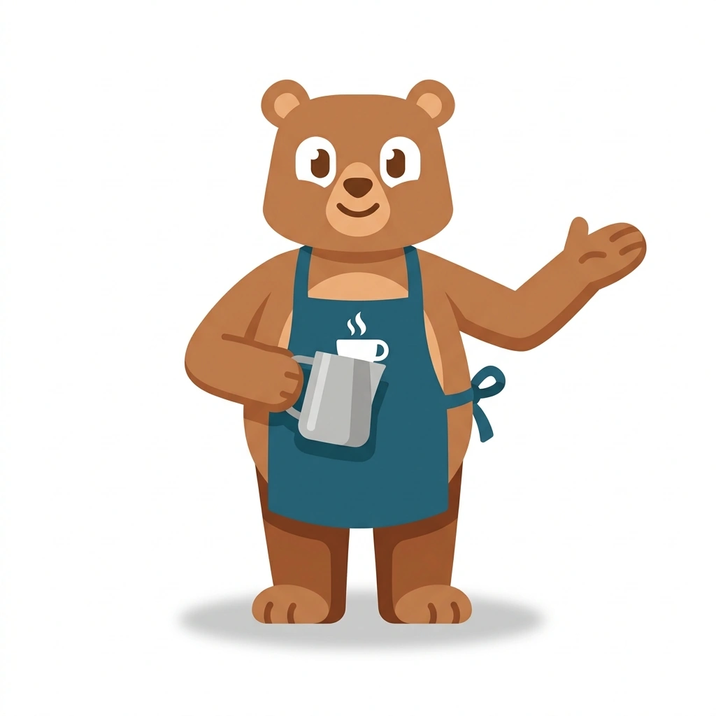 Bennie the Bear, the guide who teaches the Starting a Coffee Cart course