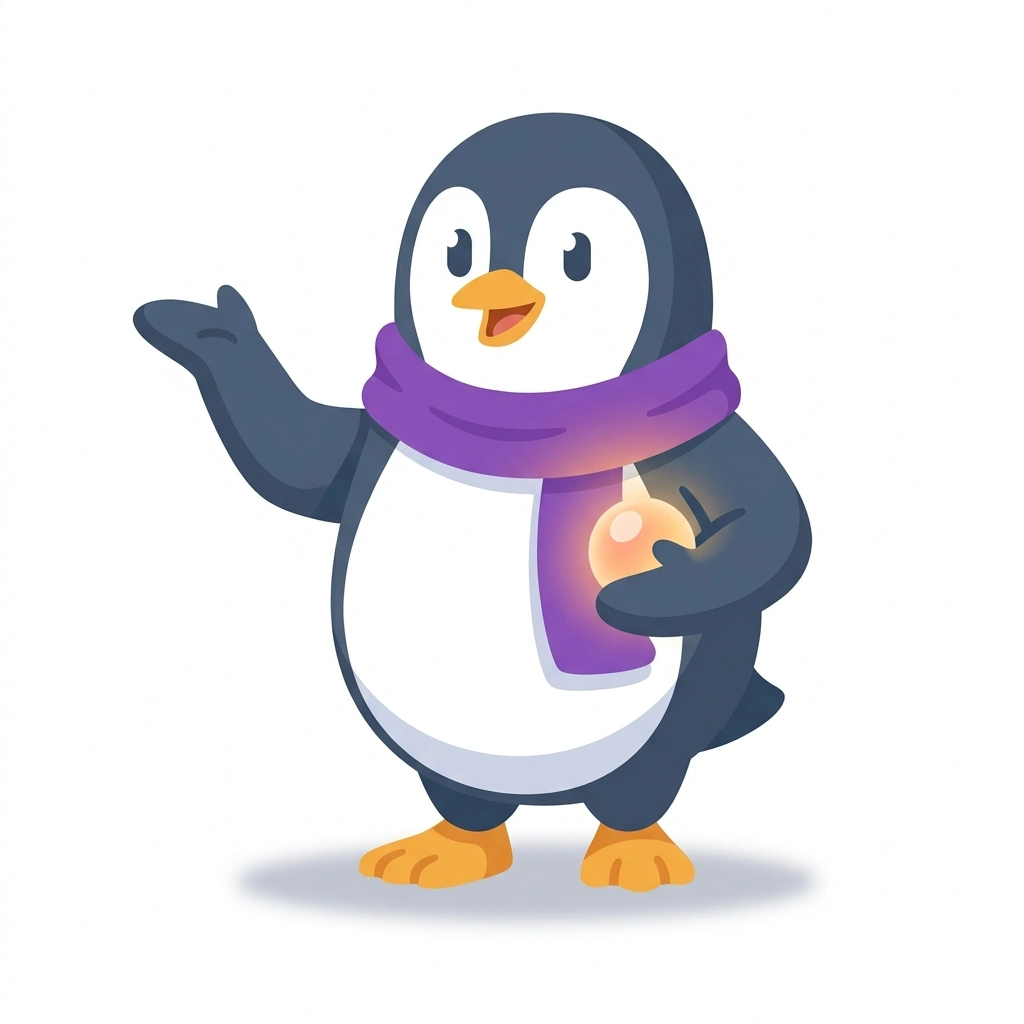 Proton the Penguin, the guide who teaches the The Hidden Rules of Reality course