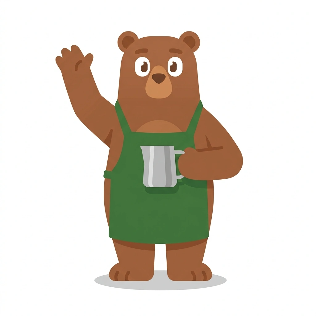 Barnaby the Bear, the guide who teaches the Espresso Extraction and Milk Craft course