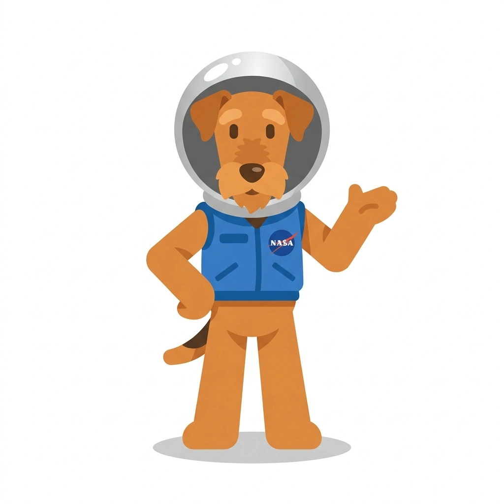 Astro the Astronaut-Airedale, the guide who teaches the The Dog Stars: A Canine Guide to the Cosmos course