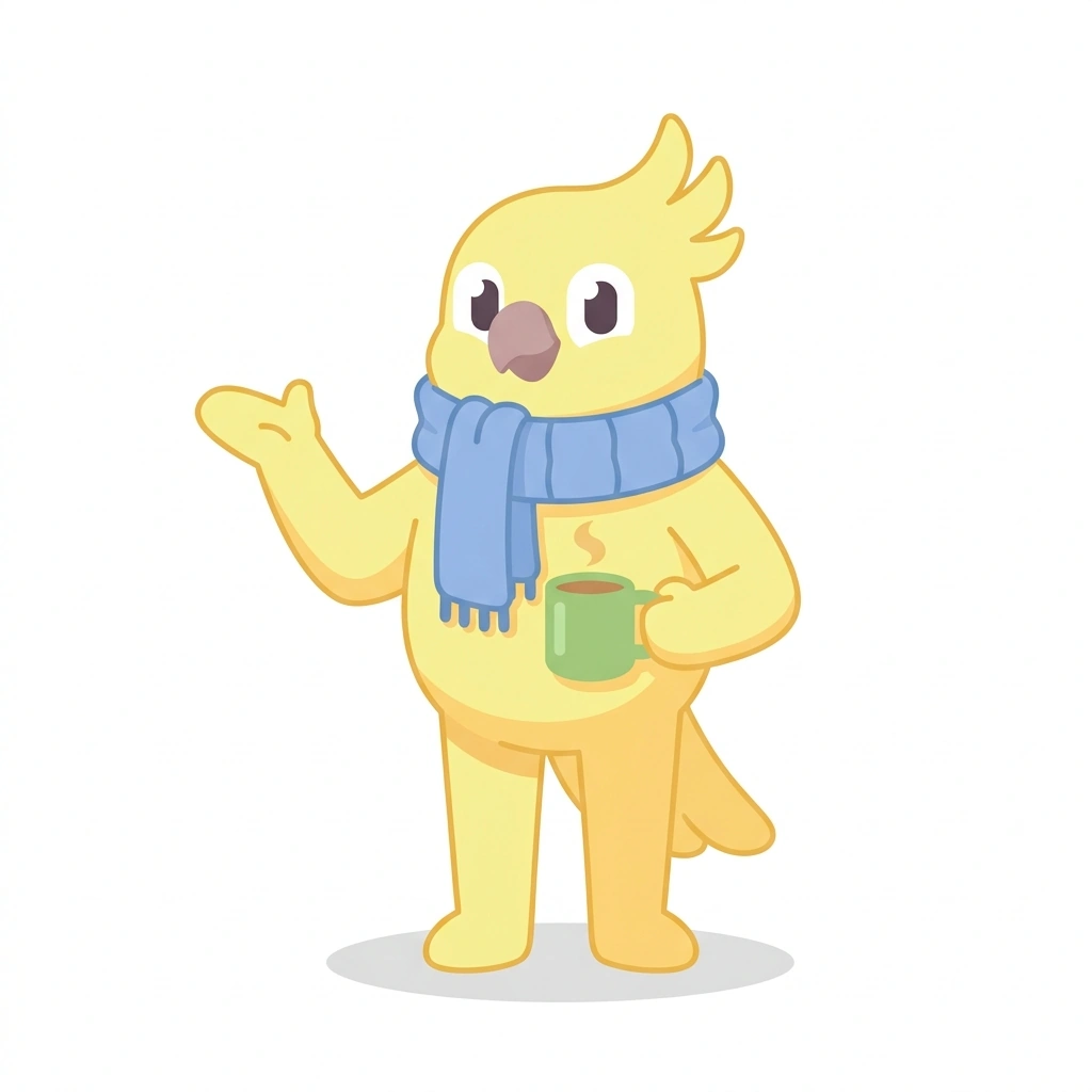 Connie the Cockatoo, the guide who teaches the Everyday Conversation: Making Casual Talk Flow course