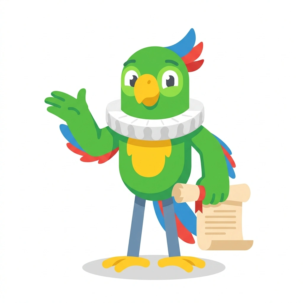 Puck the Parrot, the guide who teaches the Shakespeare in World Accents course