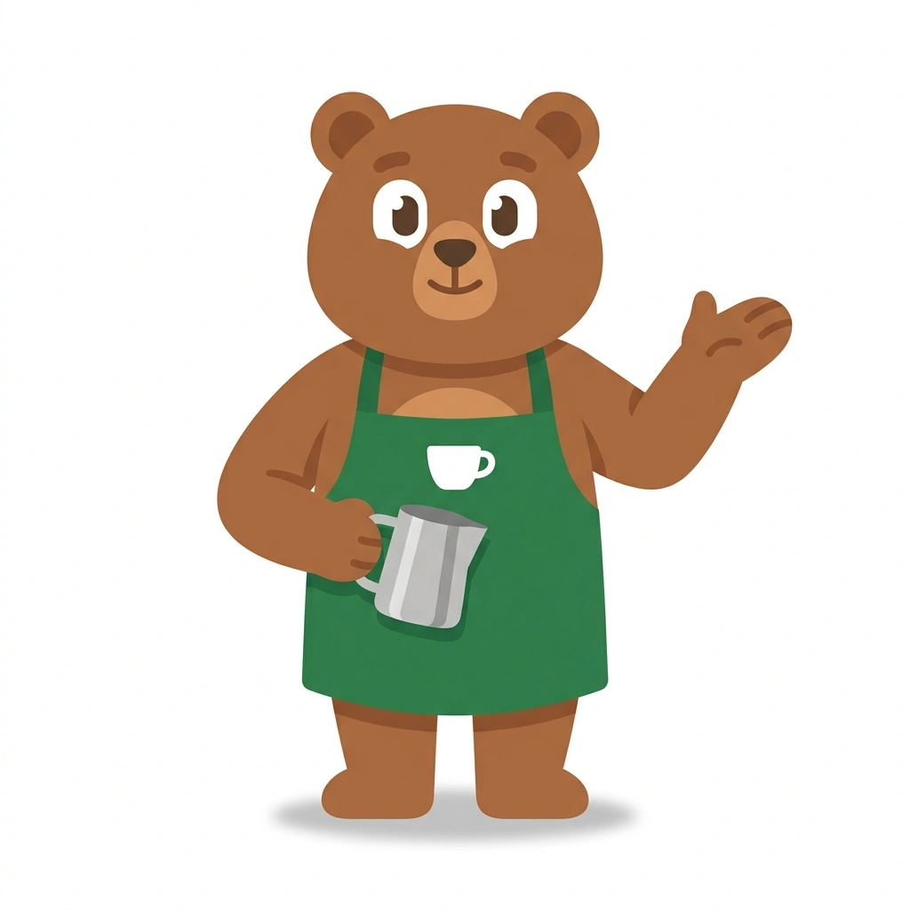 Barnaby the Bear, the guide who teaches the Barista Milk Techniques course