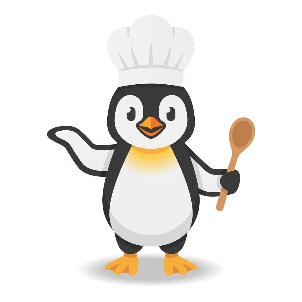 Pepper the Penguin, the guide who teaches the Cooking Without Recipes course