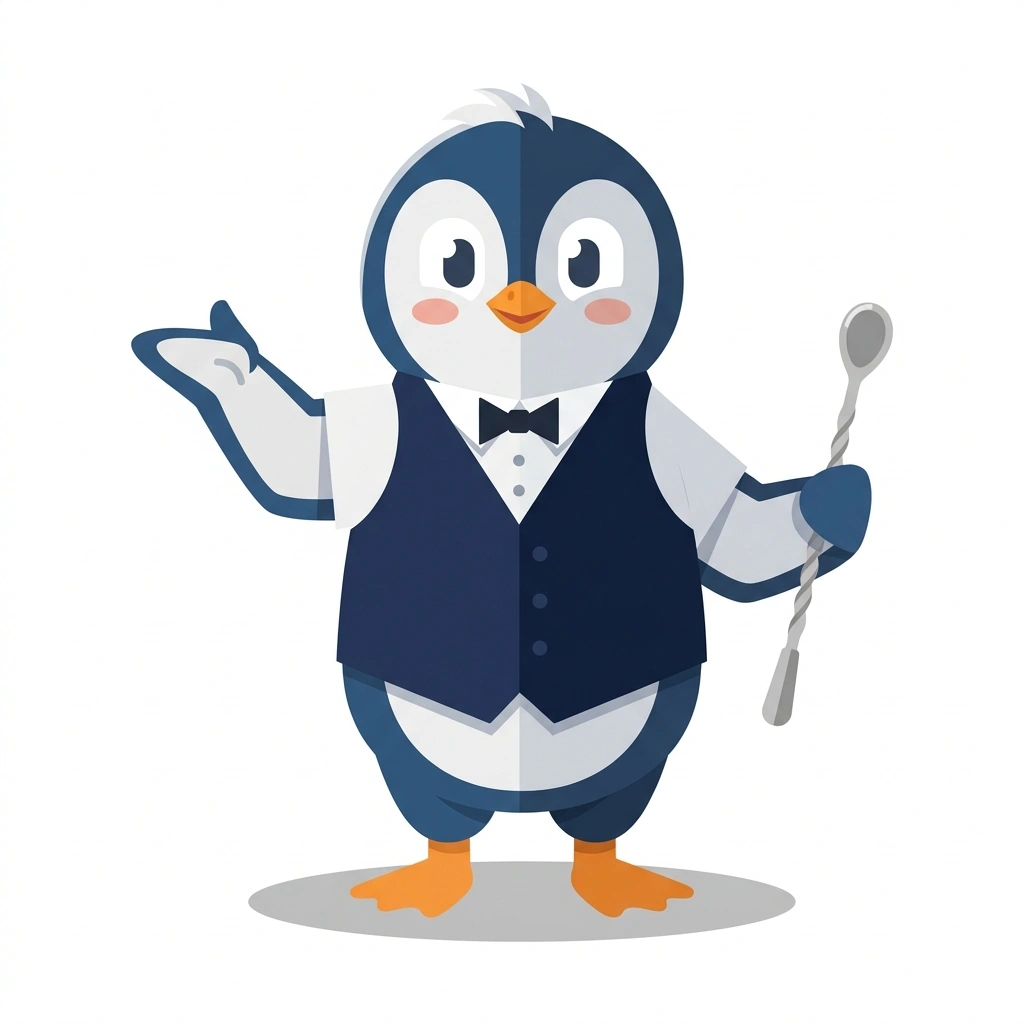 Pip the Penguin, the guide who teaches the Cocktail Balancing & Mixing course