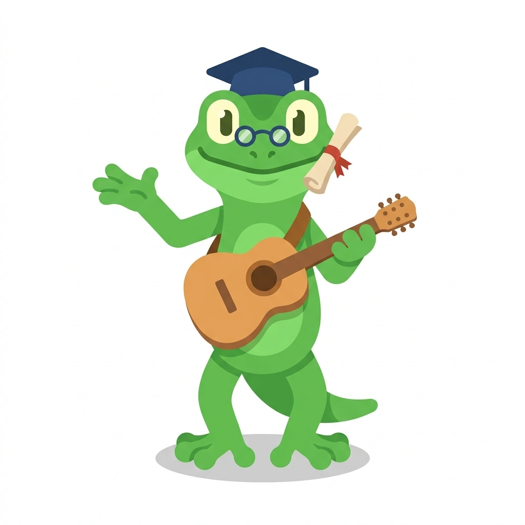 Gibson the Gecko, the guide who teaches the Guitar Theory and Songwriting course