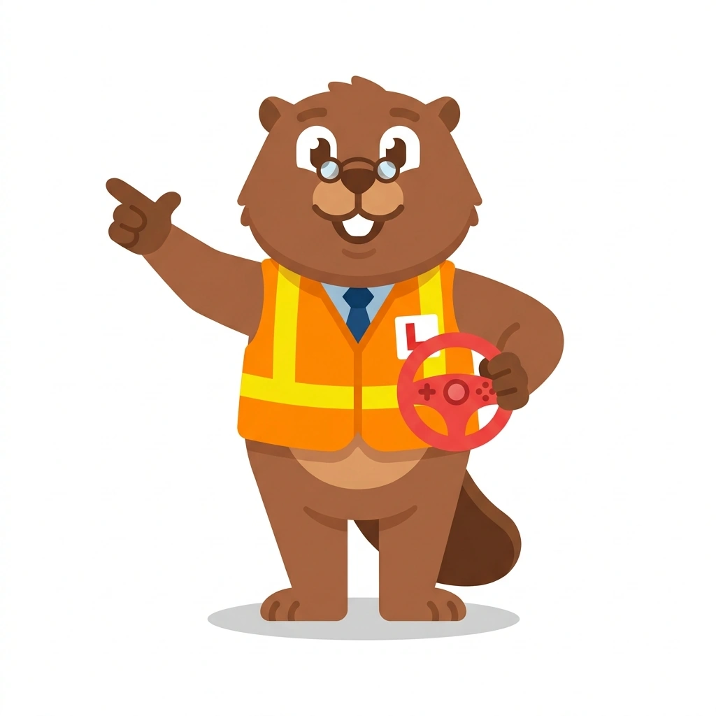 Bennie the Beaver, the guide who teaches the Alberta Class 7 Knowledge Test course