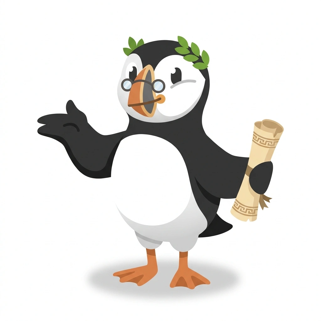 Plato the Puffin, the guide who teaches the Everyday Philosophy course