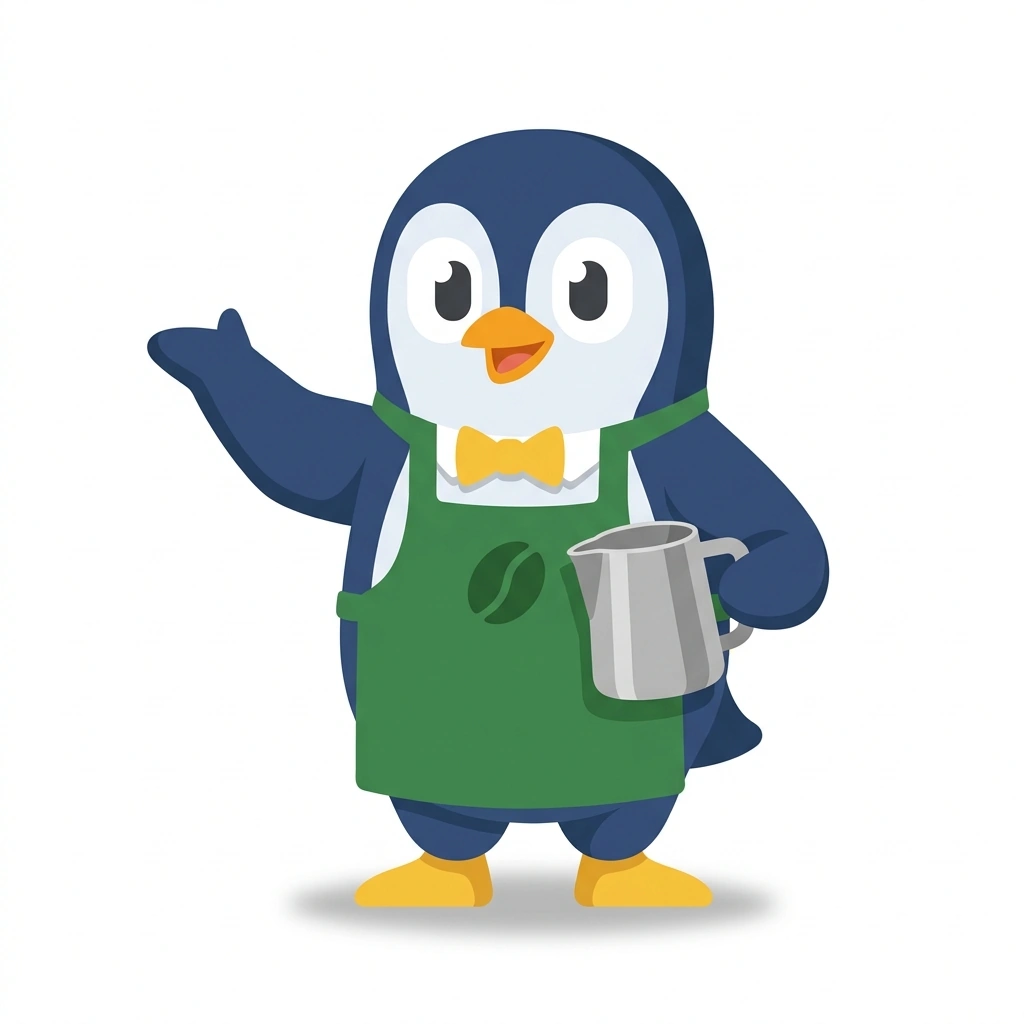 Pip the Penguin, the guide who teaches the Coffee Craft and Extraction course