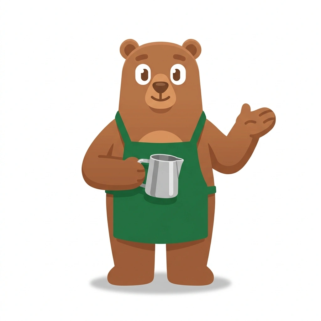 Barnaby the Bear, the guide who teaches the Latte Art Mechanics course
